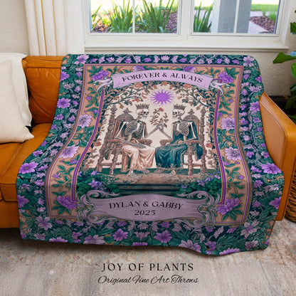 Skeleton Wedding Custom Couple Blanket | The Lovers Tarot Throw Cozy Anniversary Gift Personalized Tapestry Baroque Romantic Gift for Goths