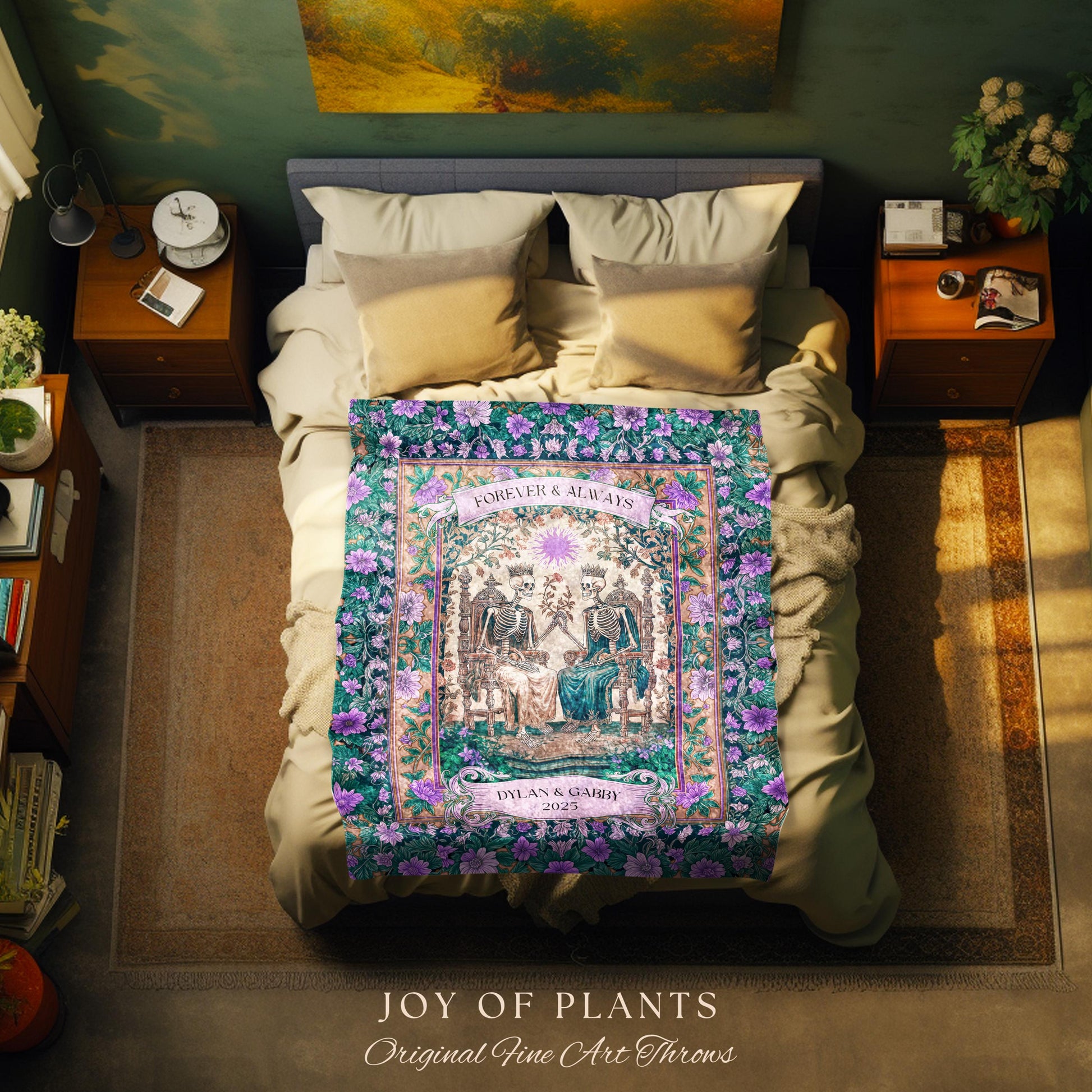 Skeleton Wedding Custom Couple Blanket | The Lovers Tarot Throw Cozy Anniversary Gift Personalized Tapestry Baroque Romantic Gift for Goths