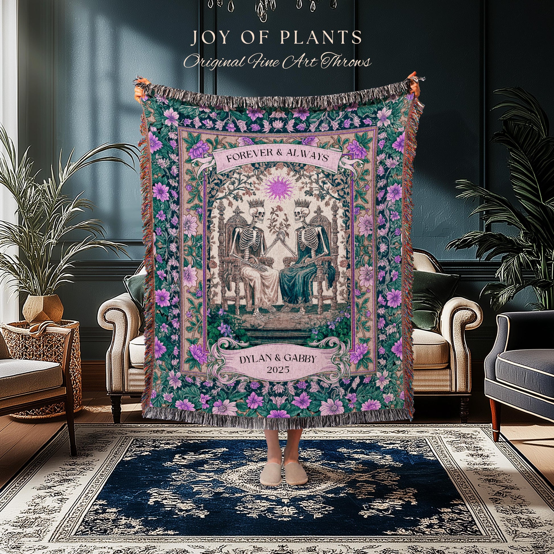 Skeleton Wedding Custom Couple Blanket | The Lovers Tarot Throw Cozy Anniversary Gift Personalized Tapestry Baroque Romantic Gift for Goths