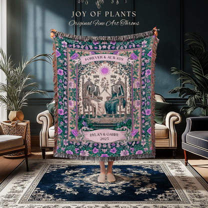 Skeleton Wedding Custom Couple Blanket | The Lovers Tarot Throw Cozy Anniversary Gift Personalized Tapestry Baroque Romantic Gift for Goths