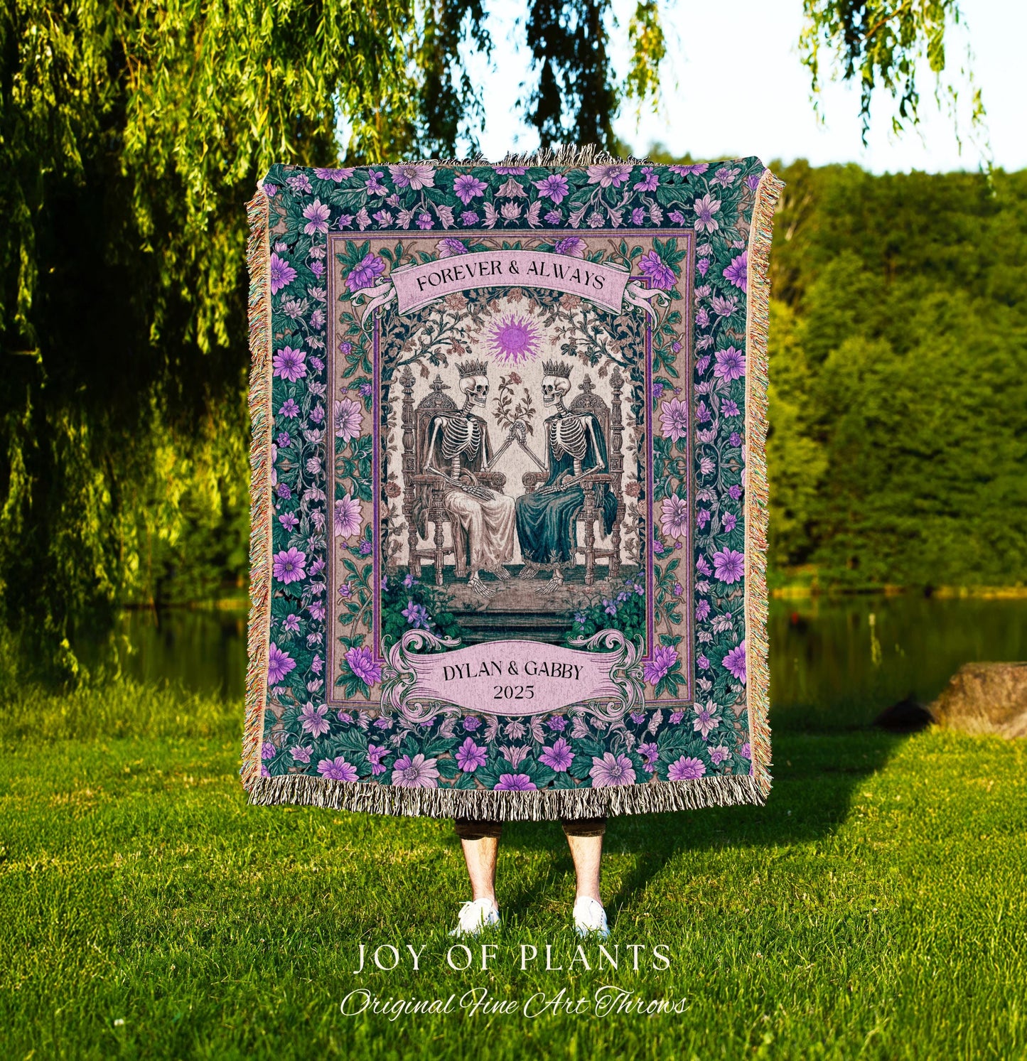 Skeleton Wedding Custom Couple Blanket | The Lovers Tarot Throw Cozy Anniversary Gift Personalized Tapestry Baroque Romantic Gift for Goths