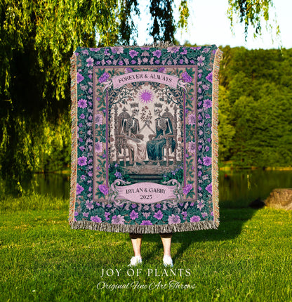 Skeleton Wedding Custom Couple Blanket | The Lovers Tarot Throw Cozy Anniversary Gift Personalized Tapestry Baroque Romantic Gift for Goths