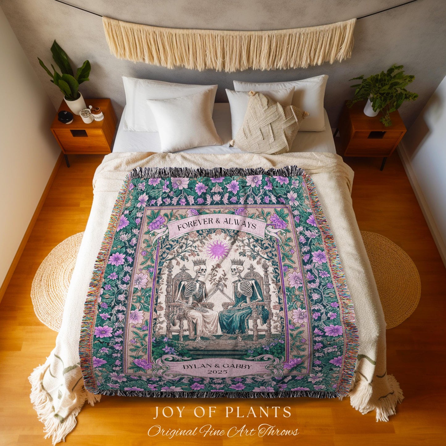 Skeleton Wedding Custom Couple Blanket | The Lovers Tarot Throw Cozy Anniversary Gift Personalized Tapestry Baroque Romantic Gift for Goths