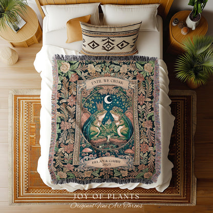 Toad Lovers Celestial Blanket Personalized | Cottagecore Frog Couple Anniversary Custom Names Woven Throw Gift for Partner Romantic Witchy