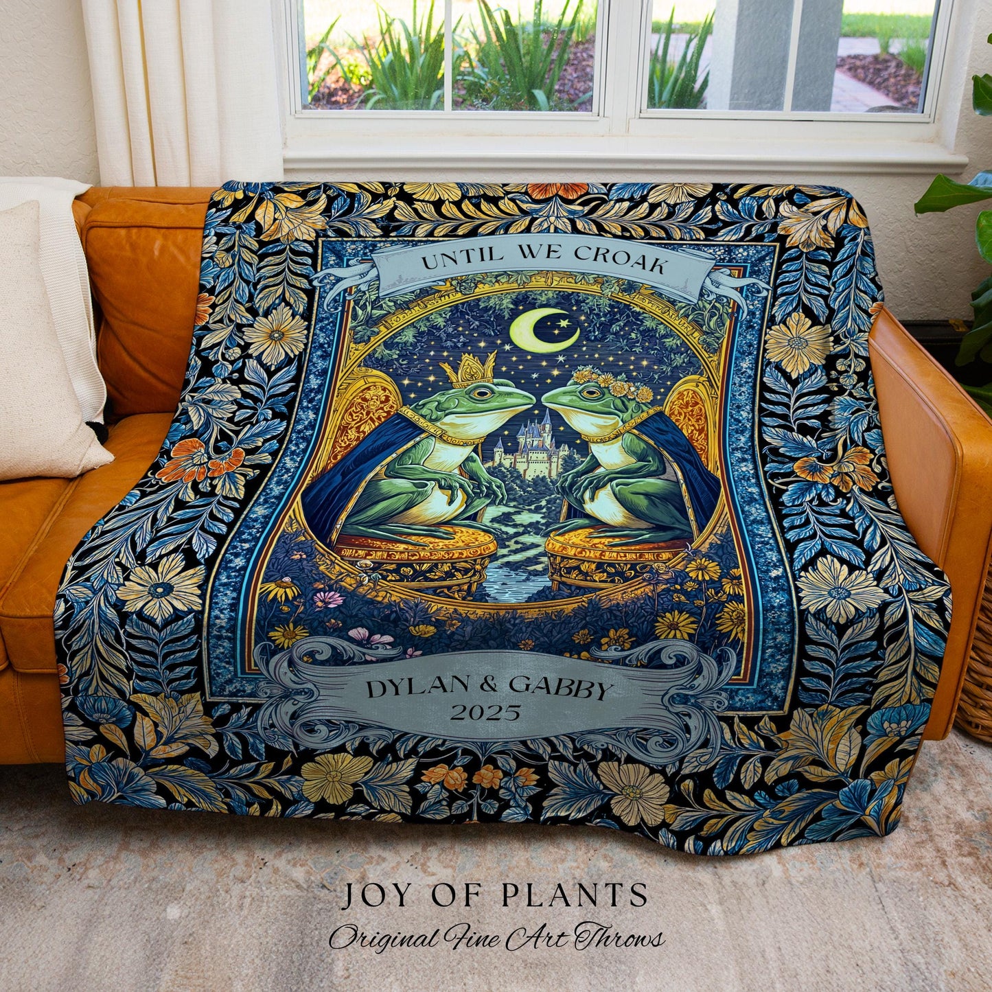 Celestial Frog Couple Custom Blanket | Starry Night Woven Throw Personalized Anniversary Toad Lovers Tapestry Cottagecore Gift Moody Florals