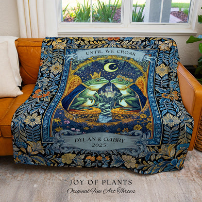 Celestial Frog Couple Custom Blanket | Starry Night Woven Throw Personalized Anniversary Toad Lovers Tapestry Cottagecore Gift Moody Florals