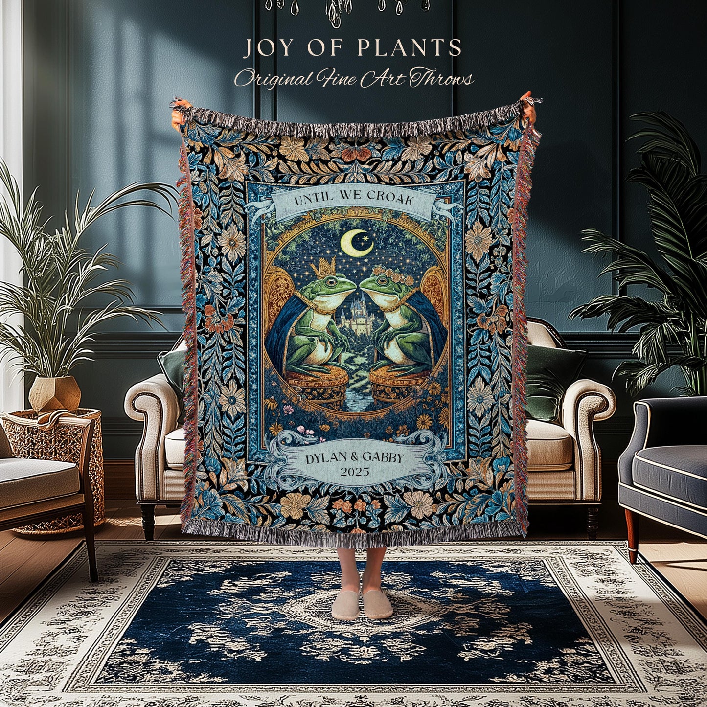 Celestial Frog Couple Custom Blanket | Starry Night Woven Throw Personalized Anniversary Toad Lovers Tapestry Cottagecore Gift Moody Florals