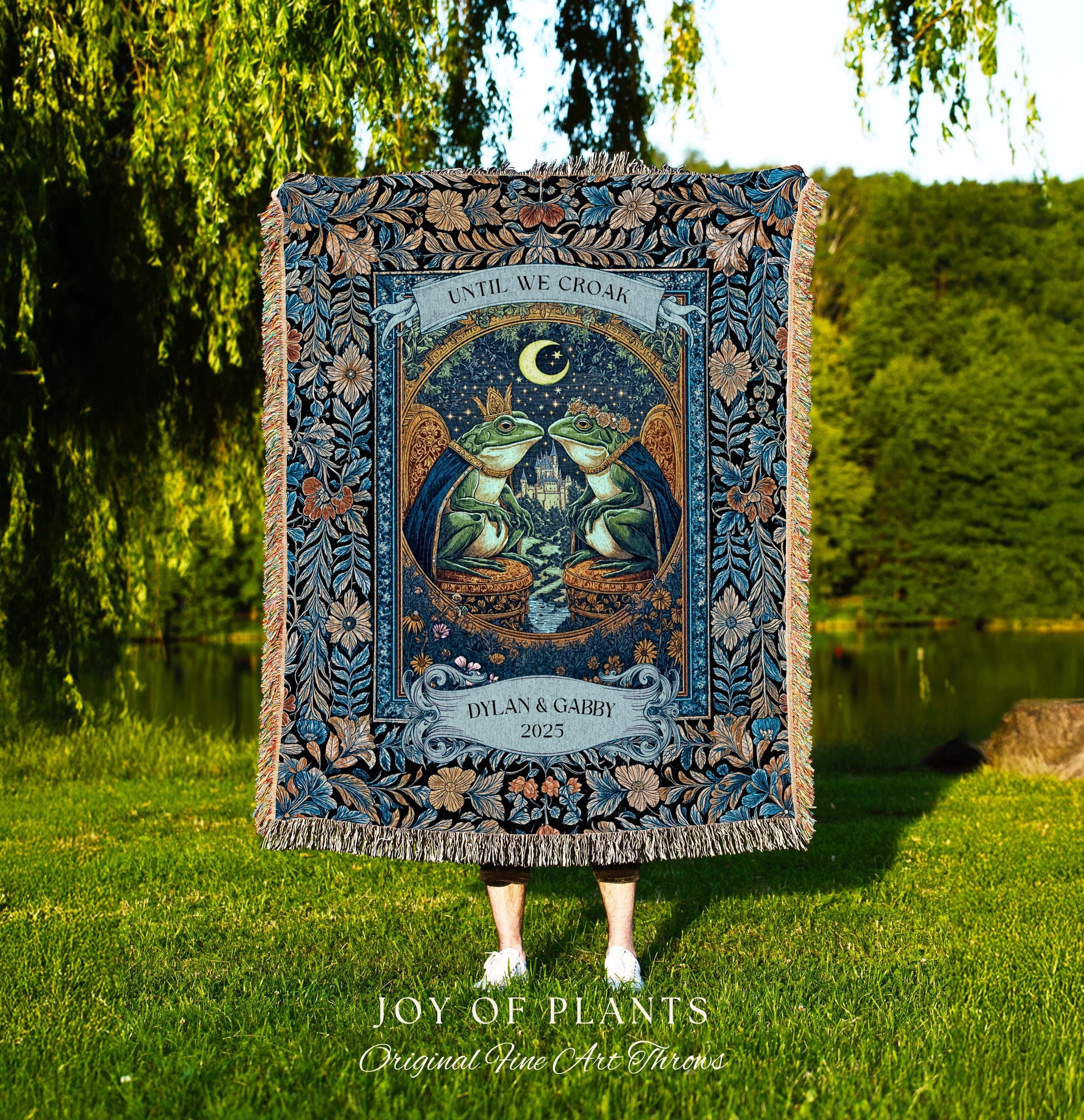 Celestial Frog Couple Custom Blanket | Starry Night Woven Throw Personalized Anniversary Toad Lovers Tapestry Cottagecore Gift Moody Florals