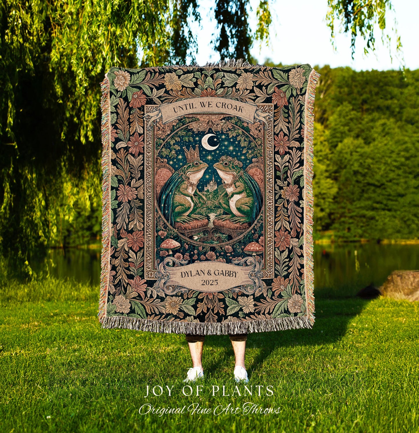 Toad Lovers Celestial Blanket Personalized | Cottagecore Frog Couple Anniversary Custom Names Woven Throw Gift for Partner Romantic Witchy