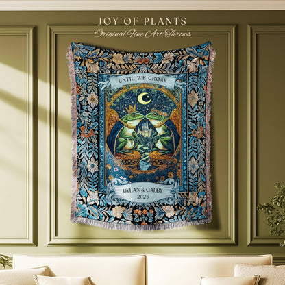 Celestial Frog Couple Custom Blanket | Starry Night Woven Throw Personalized Anniversary Toad Lovers Tapestry Cottagecore Gift Moody Florals