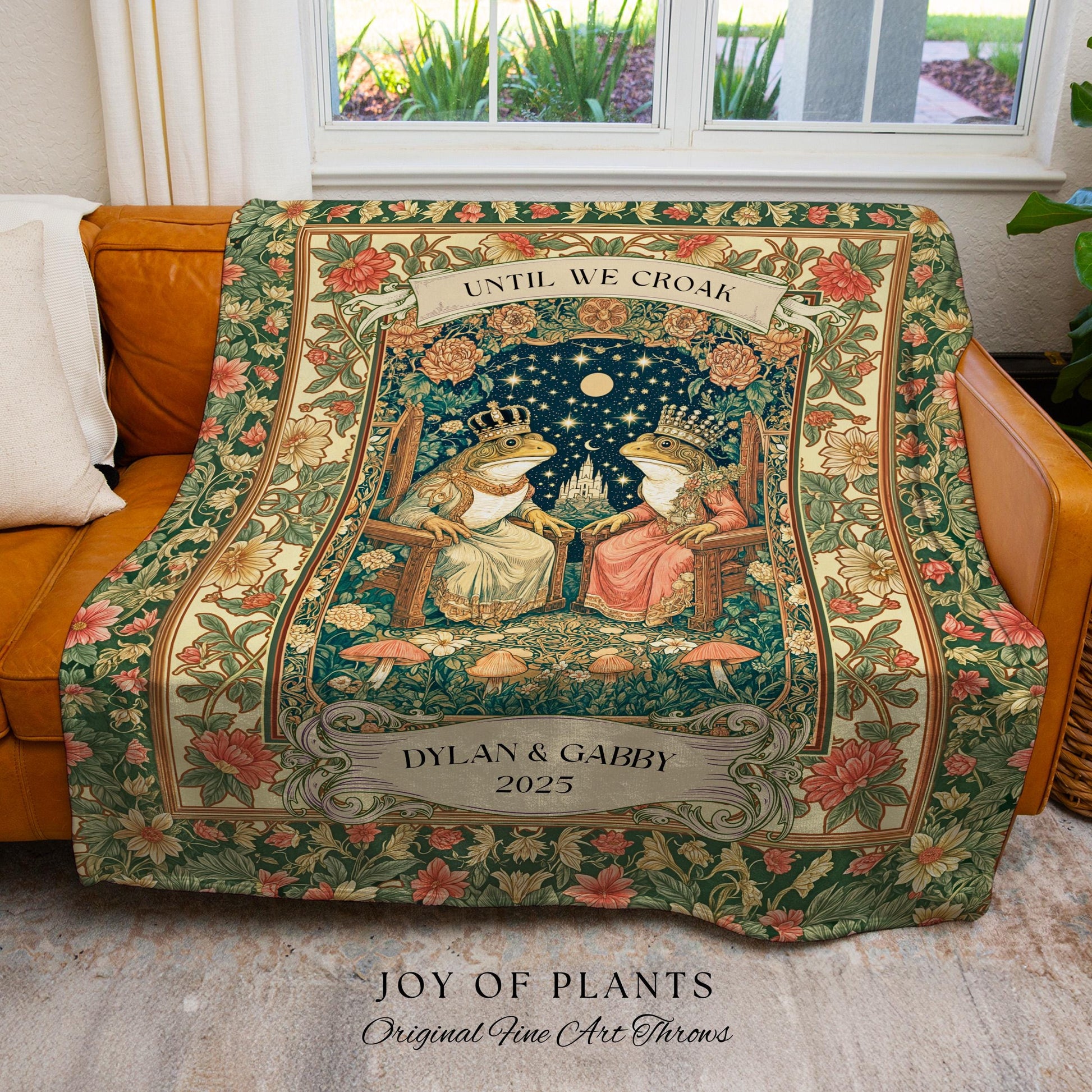 Woodland Frog Lovers Custom Blanket | Royal Toad Couple Throw Personalized Anniversary Gift Pastel Cottagecore Tapestry Whimsical Cute Style