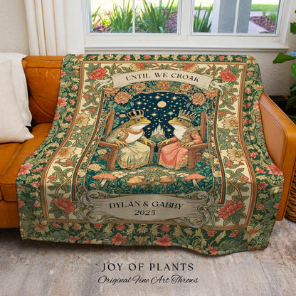 Woodland Frog Lovers Custom Blanket | Royal Toad Couple Throw Personalized Anniversary Gift Pastel Cottagecore Tapestry Whimsical Cute Style
