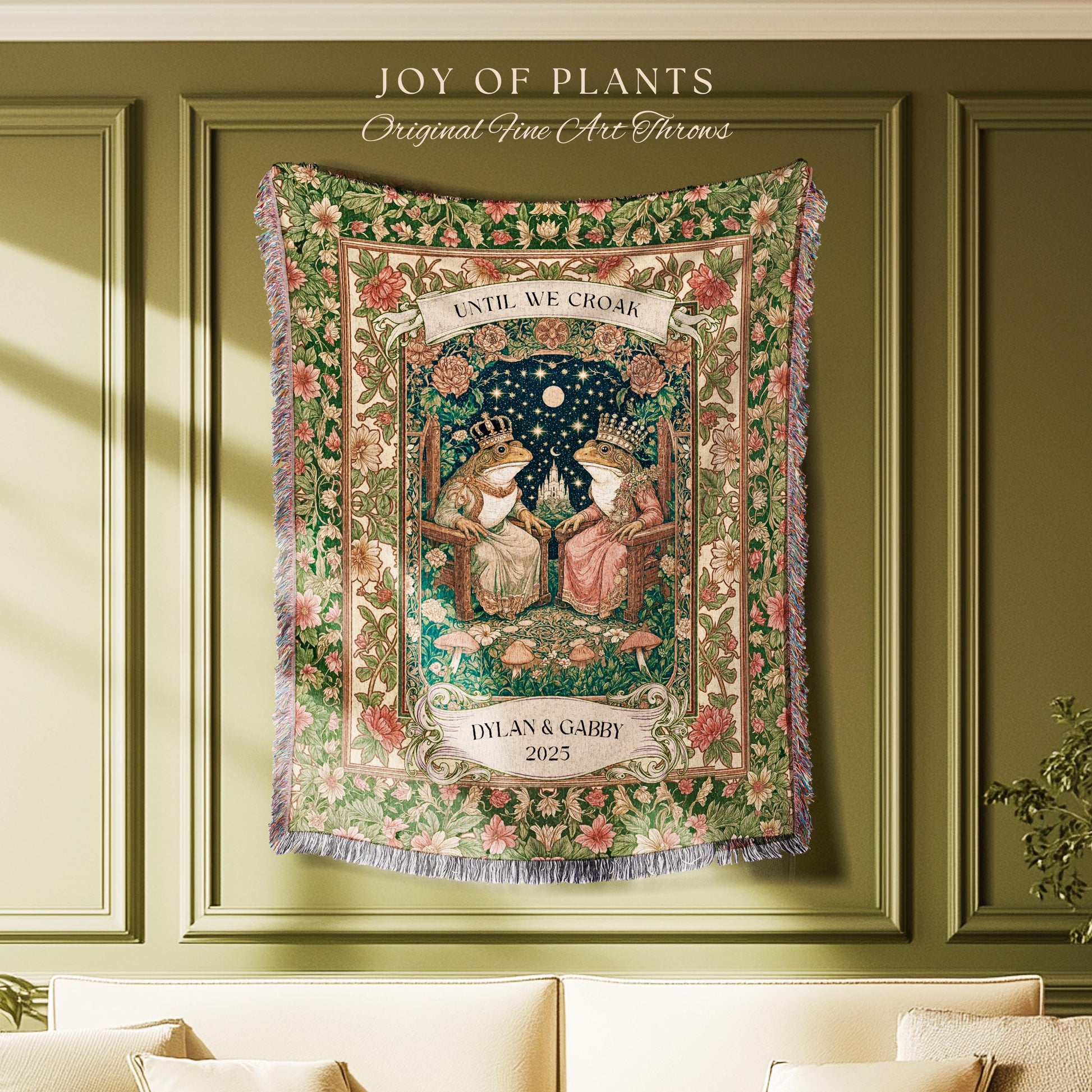 Woodland Frog Lovers Custom Blanket | Royal Toad Couple Throw Personalized Anniversary Gift Pastel Cottagecore Tapestry Whimsical Cute Style