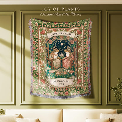 Woodland Frog Lovers Custom Blanket | Royal Toad Couple Throw Personalized Anniversary Gift Pastel Cottagecore Tapestry Whimsical Cute Style