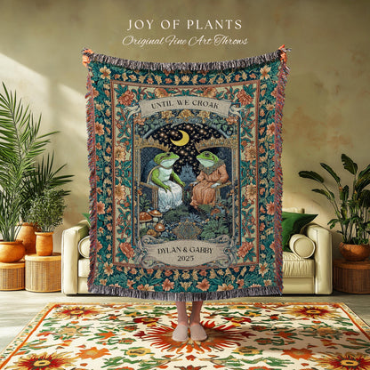 Moonlit Royal Frog Lovers Cozy Blanket | Crowned Toad Couple Woven Throw Custom Anniversary Tapestry Personalized Dating Gift for Partner |