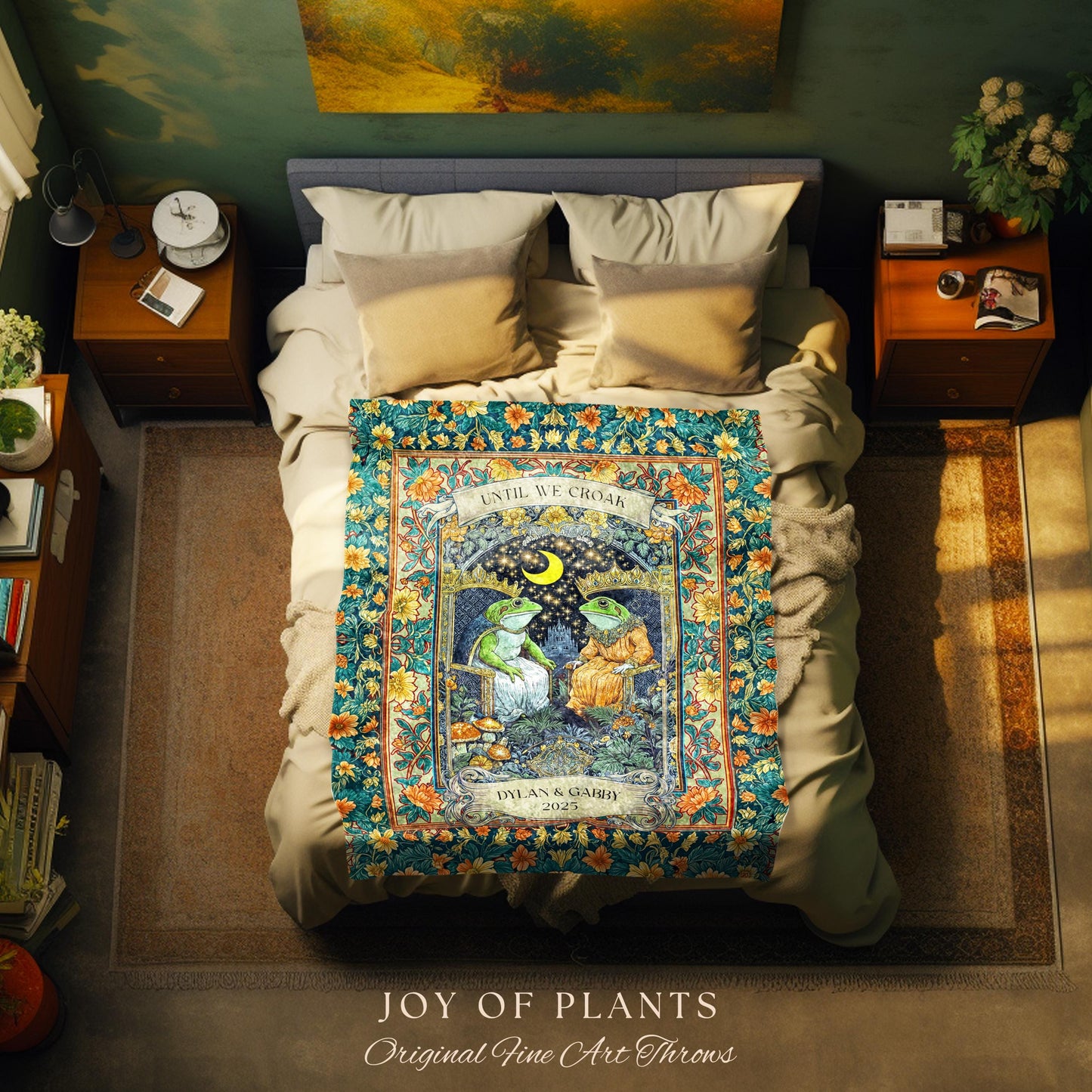 Moonlit Royal Frog Lovers Cozy Blanket | Crowned Toad Couple Woven Throw Custom Anniversary Tapestry Personalized Dating Gift for Partner |