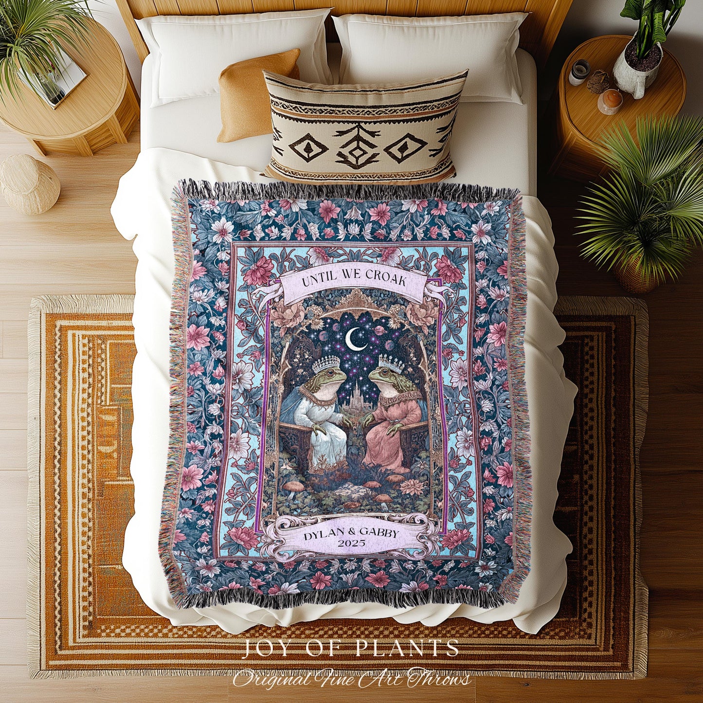 Folklore Frog Lovers Personalized Blanket | Pastel Wedding Gift Woven Throw Custom Name Tapestry Woodland Toad Couple Gift for Girlfriend |