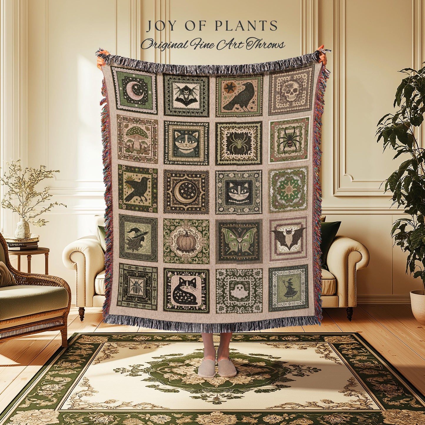 Boho Pastel Gothic Halloween Throw | Cozy Witchy Blanket Whimsigoth Bedroom Accent Witchcore Tapestry Gift Spooky Season Maximalist Decor |