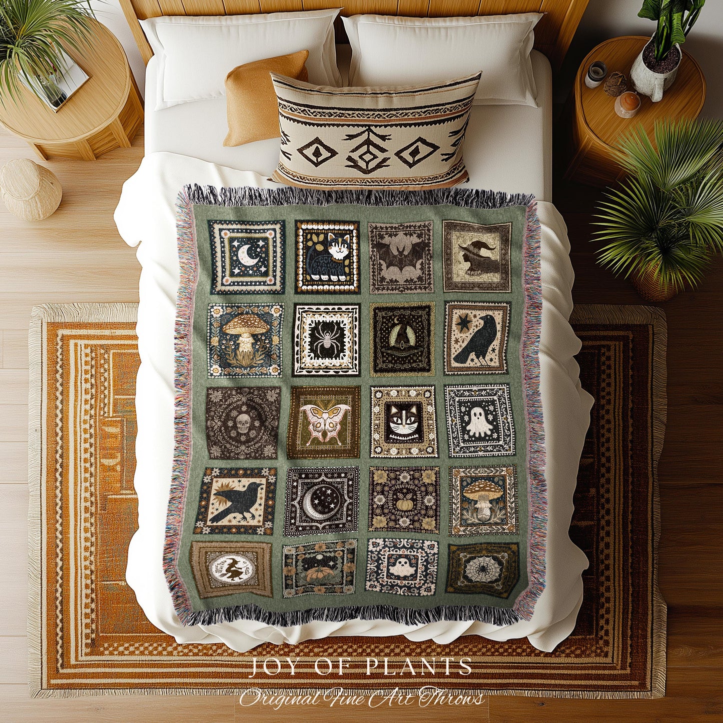 Olive Green Witchy Woven Throw Blanket | Halloween Witchcore Accent Whimsigoth Bedroom Tapestry Cozy Gothic Decor Gift for Cute Spooky Home