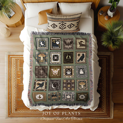 Olive Green Witchy Woven Throw Blanket | Halloween Witchcore Accent Whimsigoth Bedroom Tapestry Cozy Gothic Decor Gift for Cute Spooky Home