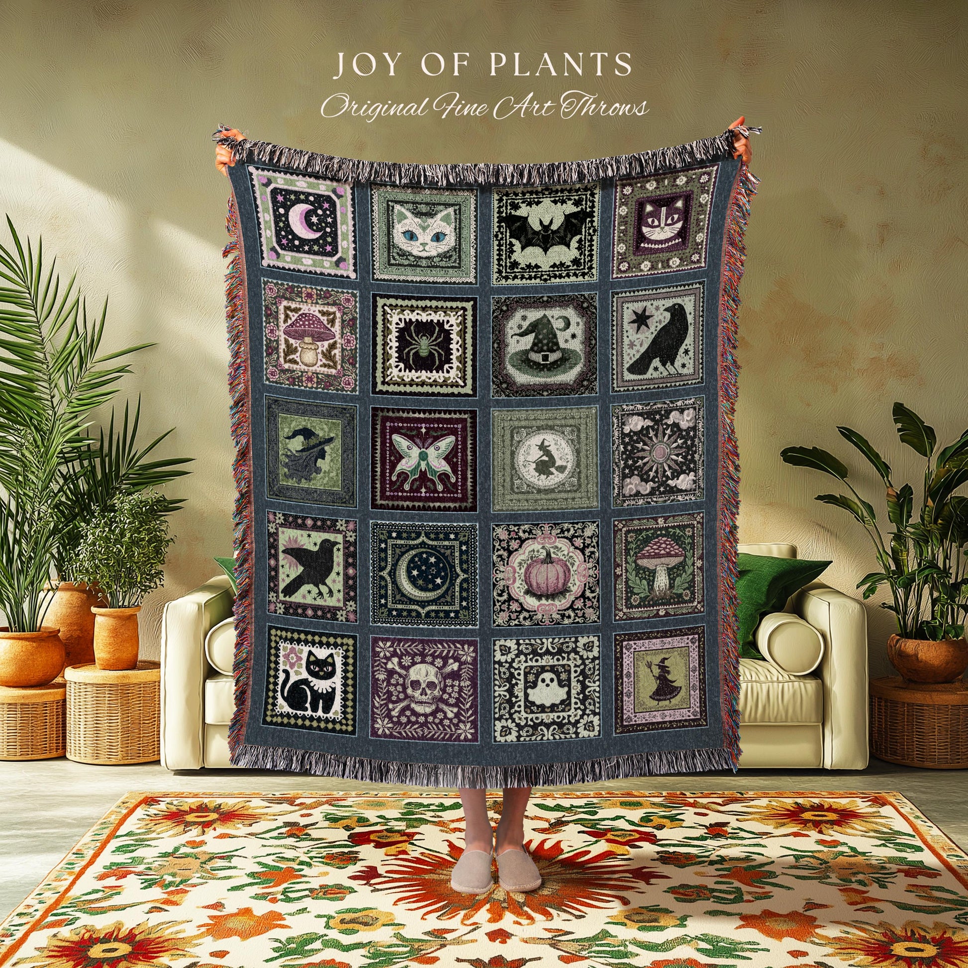 Witchy Magic Woven Cotton Throw Blanket | Rustic Halloween Bedroom Accent Gothic Spooky Decor Cozy Whimsigoth Tapestry Gift for Autumn Style