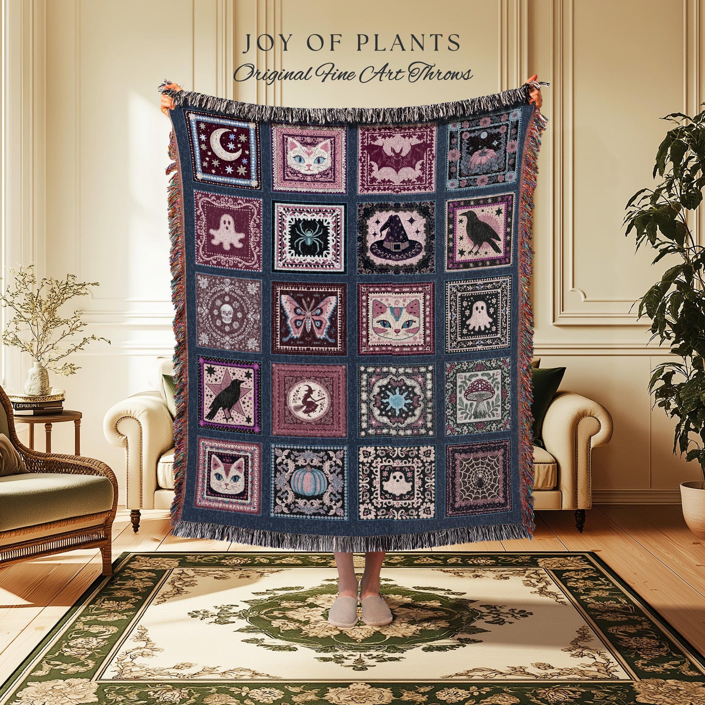 Folklore Muted Mauve Cotton Throw Blanket | Cozy Whimsigoth Halloween Tapestry Light Academia Cottagecore Bedroom Spooky Season Fairycore |