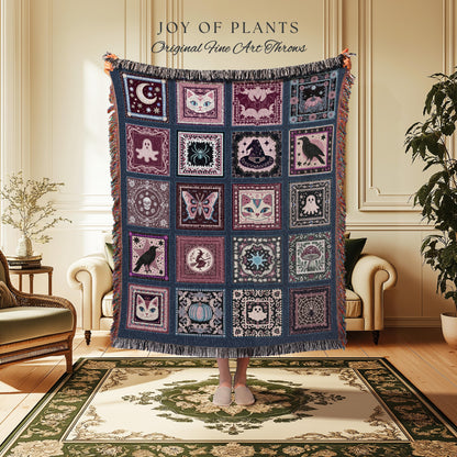 Folklore Muted Mauve Cotton Throw Blanket | Cozy Whimsigoth Halloween Tapestry Light Academia Cottagecore Bedroom Spooky Season Fairycore |