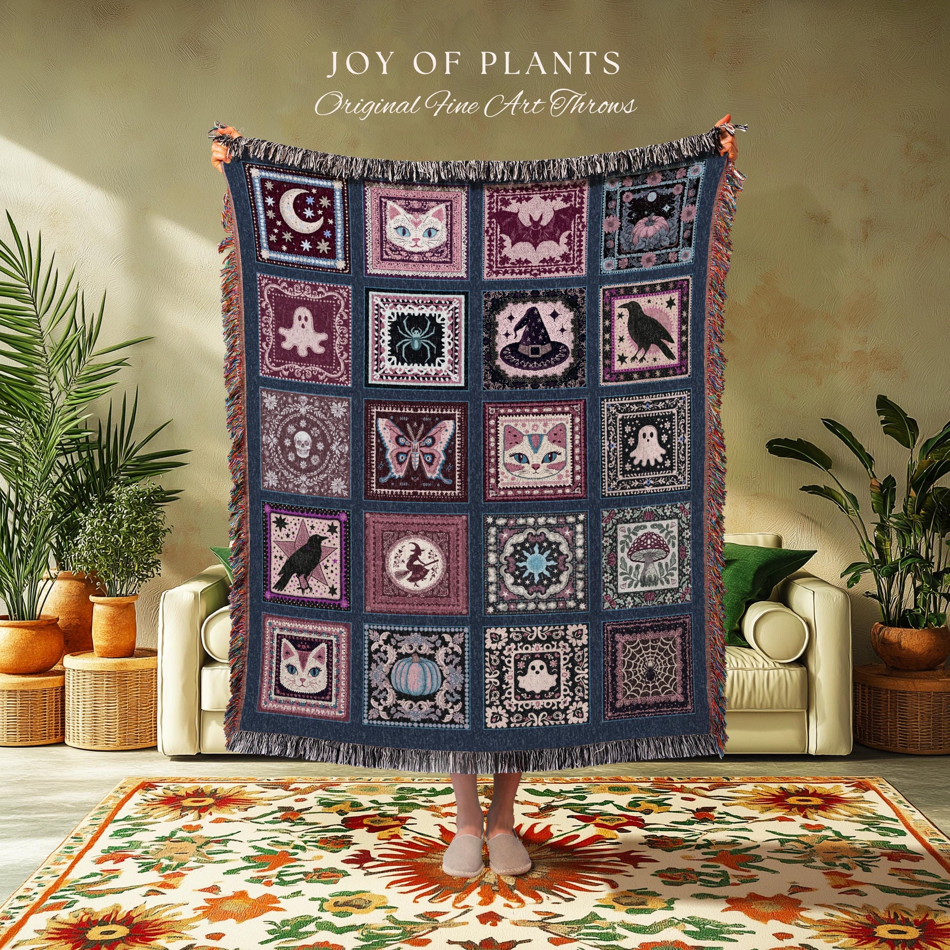 Folklore Muted Mauve Cotton Throw Blanket | Cozy Whimsigoth Halloween Tapestry Light Academia Cottagecore Bedroom Spooky Season Fairycore |