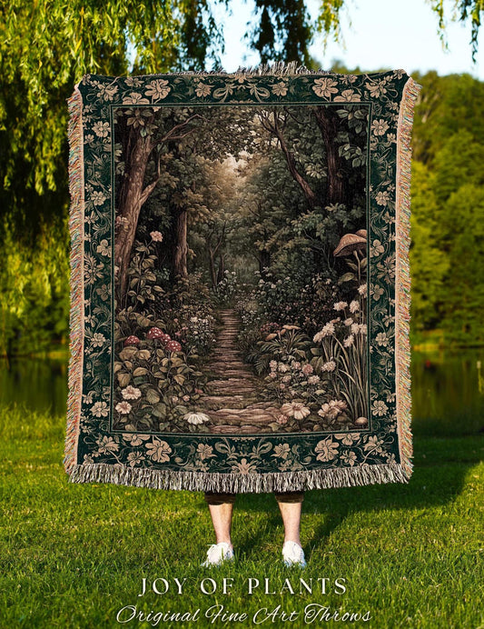 Botanical Bedroom Throw Blanket Fairycore | Woodland Mushroom Aesthetic Nature Lover Book Nook Wall Tapestry Woven Emerald Green Decor |