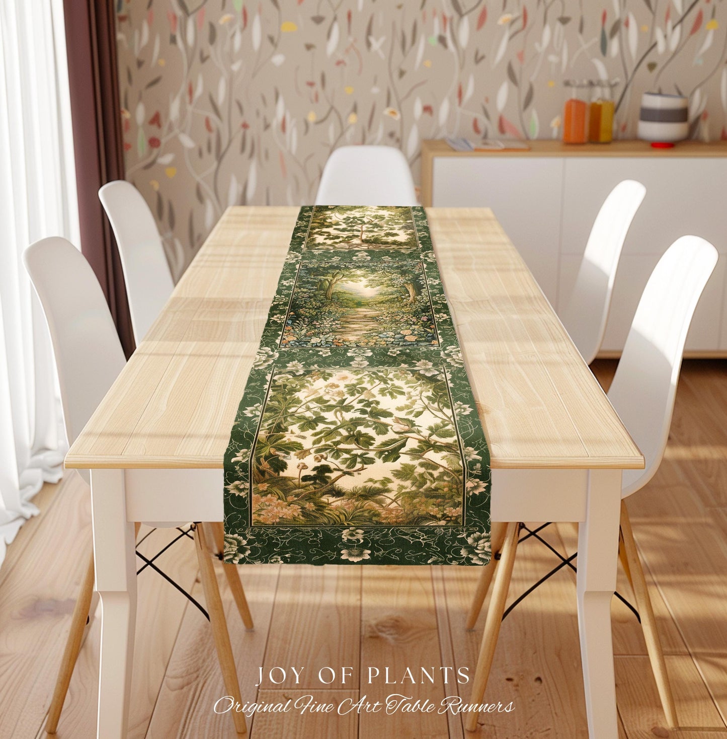 Mystic Garden Fairytale Landscape Table Runner | Fairycore Woodland Nature Lover Dining Room Cozy Earthy Home Decor Whimsical Floral Style |