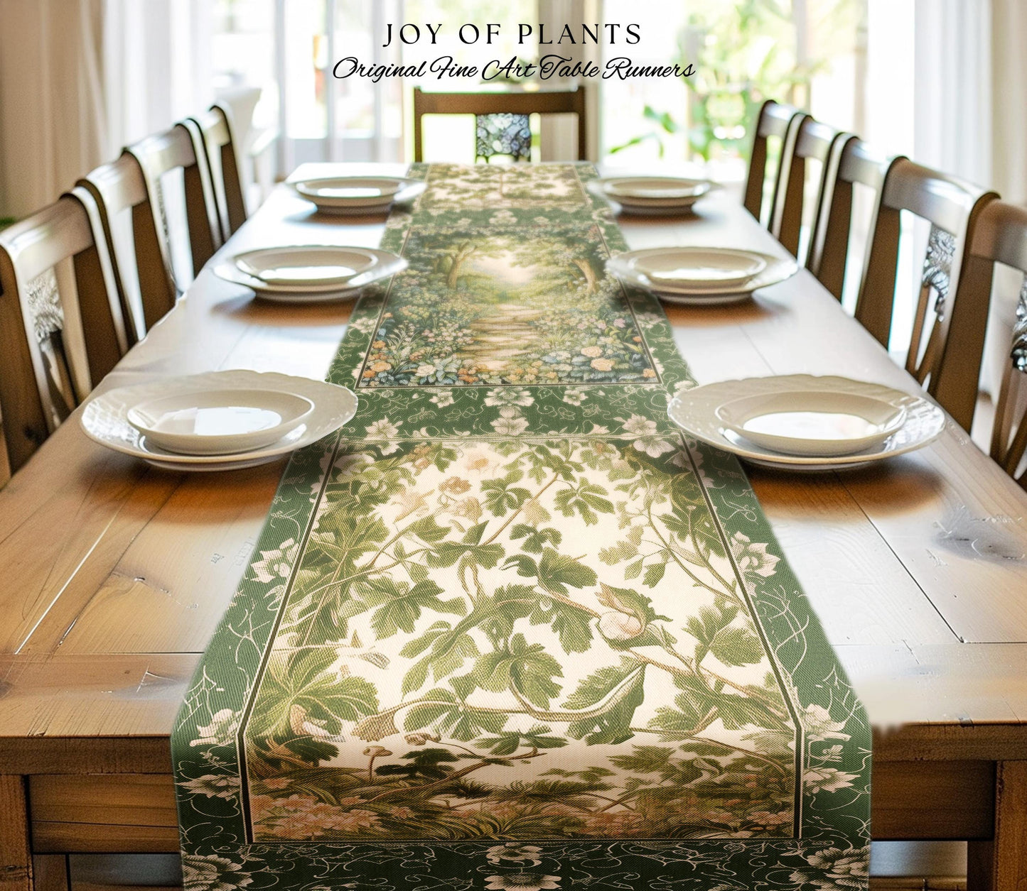 Mystic Garden Fairytale Landscape Table Runner | Fairycore Woodland Nature Lover Dining Room Cozy Earthy Home Decor Whimsical Floral Style |