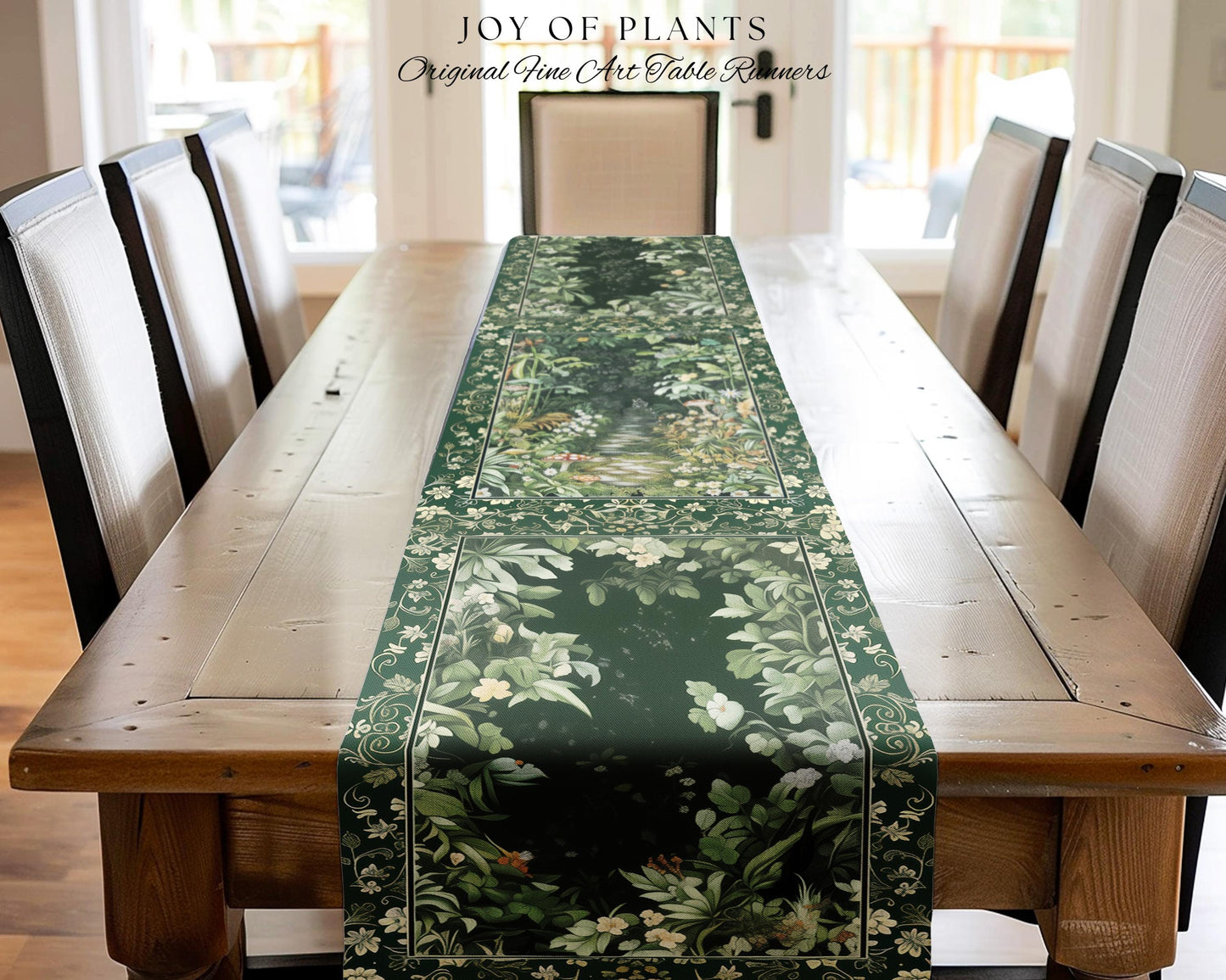 Soft Green Woodland Area Table Runner | Fairycore Woodland Nature Lover Dining Room Table Decor Cozy Earthy Jungle Whimsical Aesthetic Style