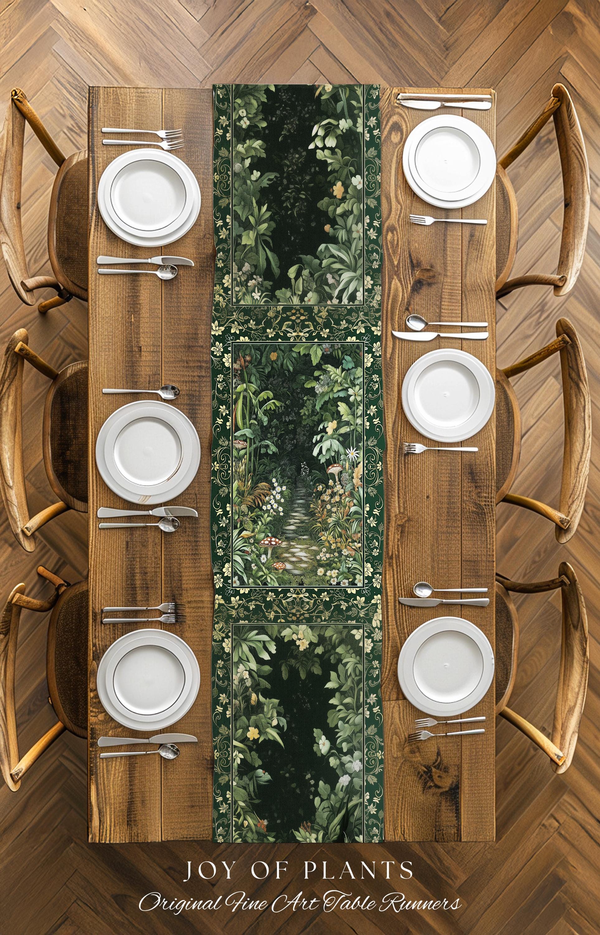 Soft Green Woodland Area Table Runner | Fairycore Woodland Nature Lover Dining Room Table Decor Cozy Earthy Jungle Whimsical Aesthetic Style