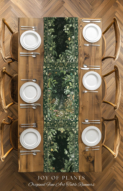 Soft Green Woodland Area Table Runner | Fairycore Woodland Nature Lover Dining Room Table Decor Cozy Earthy Jungle Whimsical Aesthetic Style