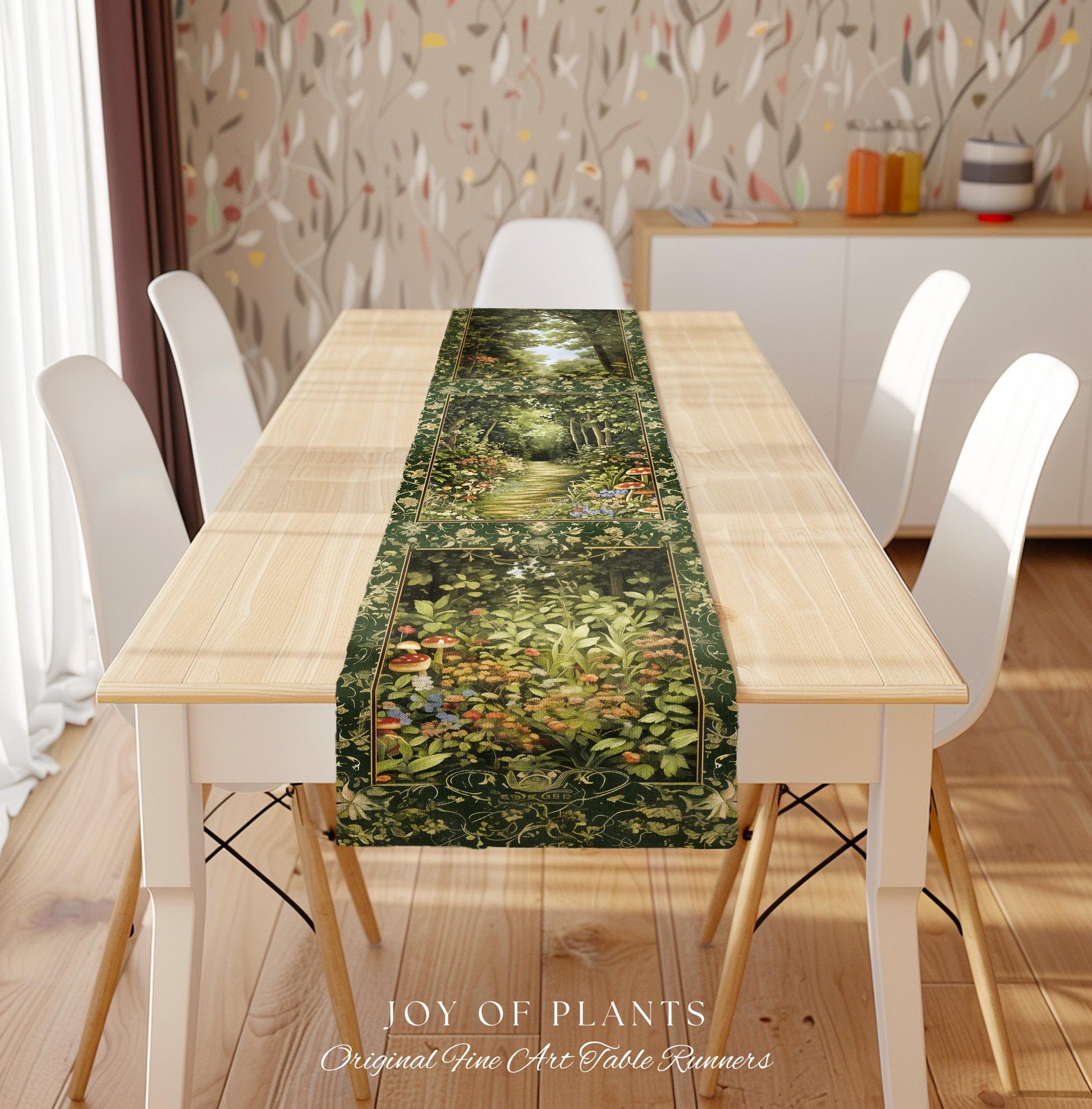 Natural Plants Ethereal Folklore Table Runner | Woodland Fairy Inspired Nature Lover Dining Room Cozy Earthy Aesthetic Mystical Floral Style