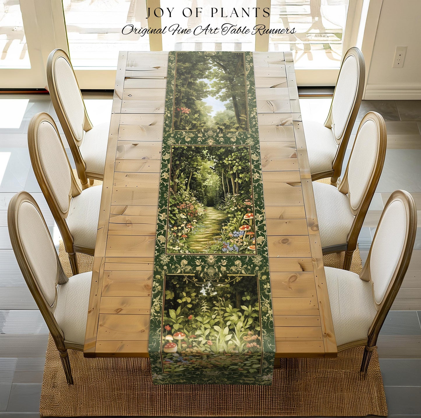 Natural Plants Ethereal Folklore Table Runner | Woodland Fairy Inspired Nature Lover Dining Room Cozy Earthy Aesthetic Mystical Floral Style