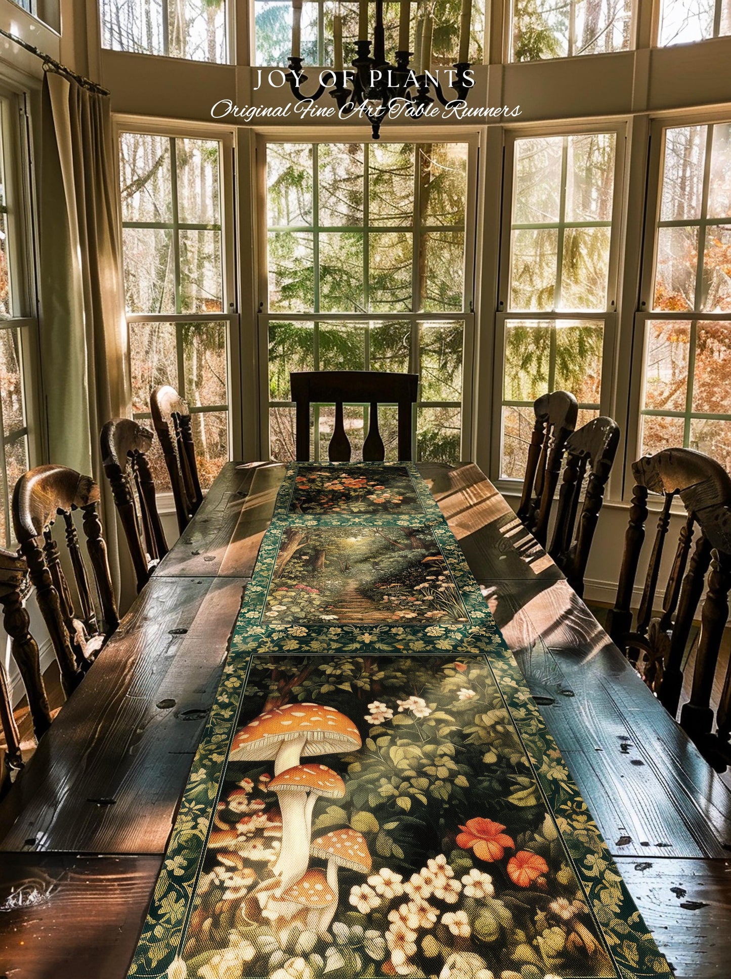 Botanical Bedroom Table Runner Fairycore | Woodland Mushroom Aesthetic Nature Lover Dining Room Decor Ethereal Emerald Green Decor Fairycore