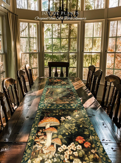 Botanical Bedroom Table Runner Fairycore | Woodland Mushroom Aesthetic Nature Lover Dining Room Decor Ethereal Emerald Green Decor Fairycore