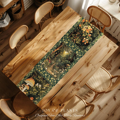 Botanical Bedroom Table Runner Fairycore | Woodland Mushroom Aesthetic Nature Lover Dining Room Decor Ethereal Emerald Green Decor Fairycore