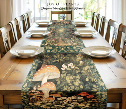 Botanical Bedroom Table Runner Fairycore | Woodland Mushroom Aesthetic Nature Lover Dining Room Decor Ethereal Emerald Green Decor Fairycore
