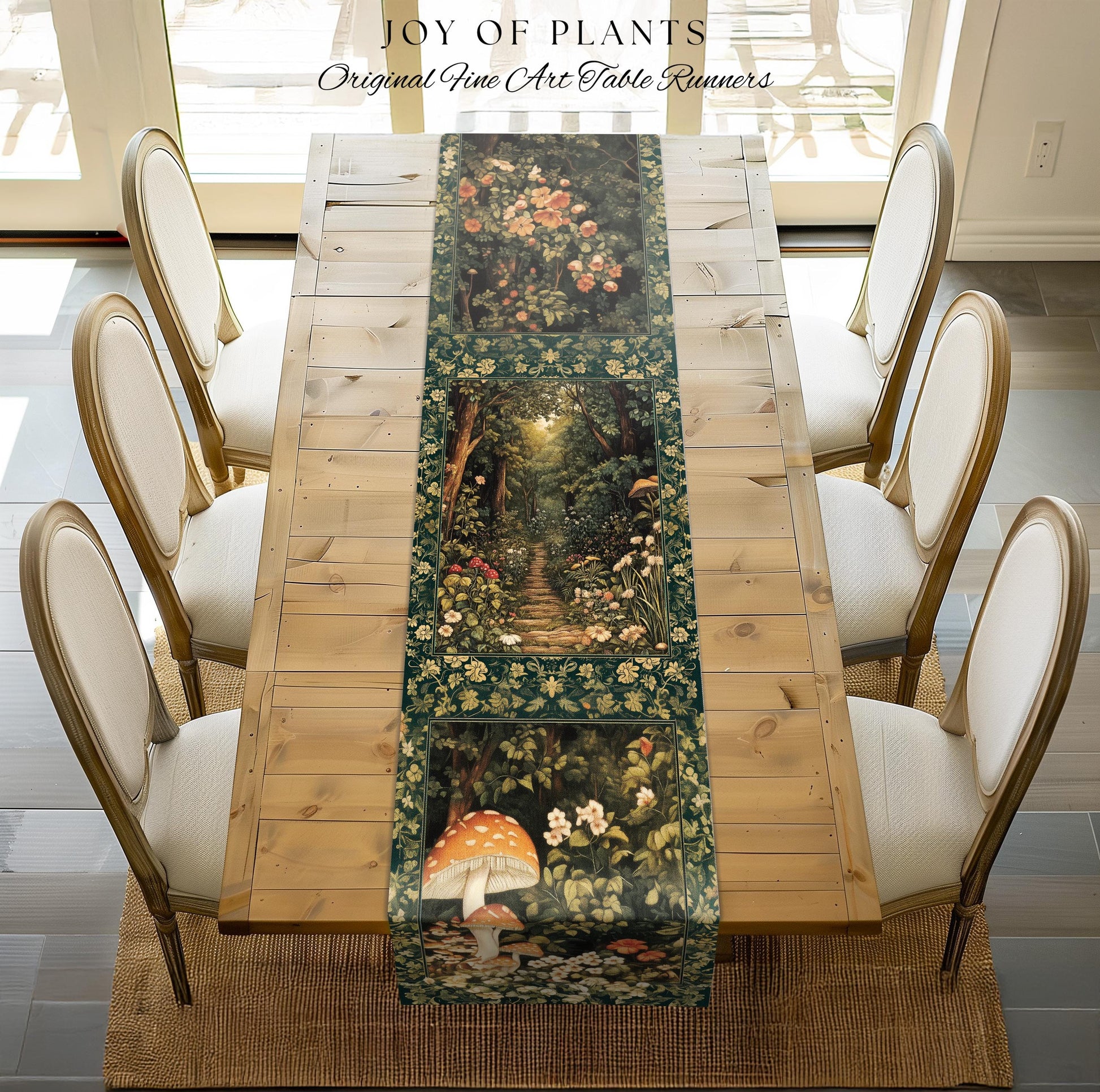 Botanical Bedroom Table Runner Fairycore | Woodland Mushroom Aesthetic Nature Lover Dining Room Decor Ethereal Emerald Green Decor Fairycore