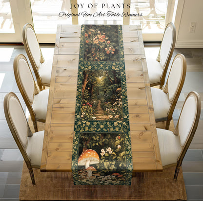 Botanical Bedroom Table Runner Fairycore | Woodland Mushroom Aesthetic Nature Lover Dining Room Decor Ethereal Emerald Green Decor Fairycore