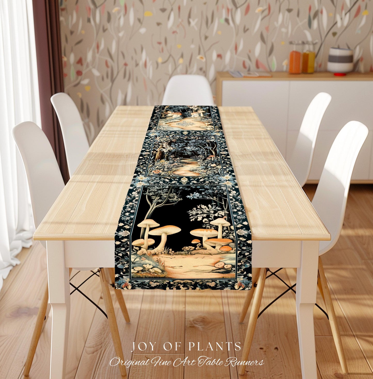 Dreamy Forest Landscape Botanical Table Runner | Misty Forest Dark Cottagecore Aesthetic Fairycore Dining Room Table Magical Jungle Decor