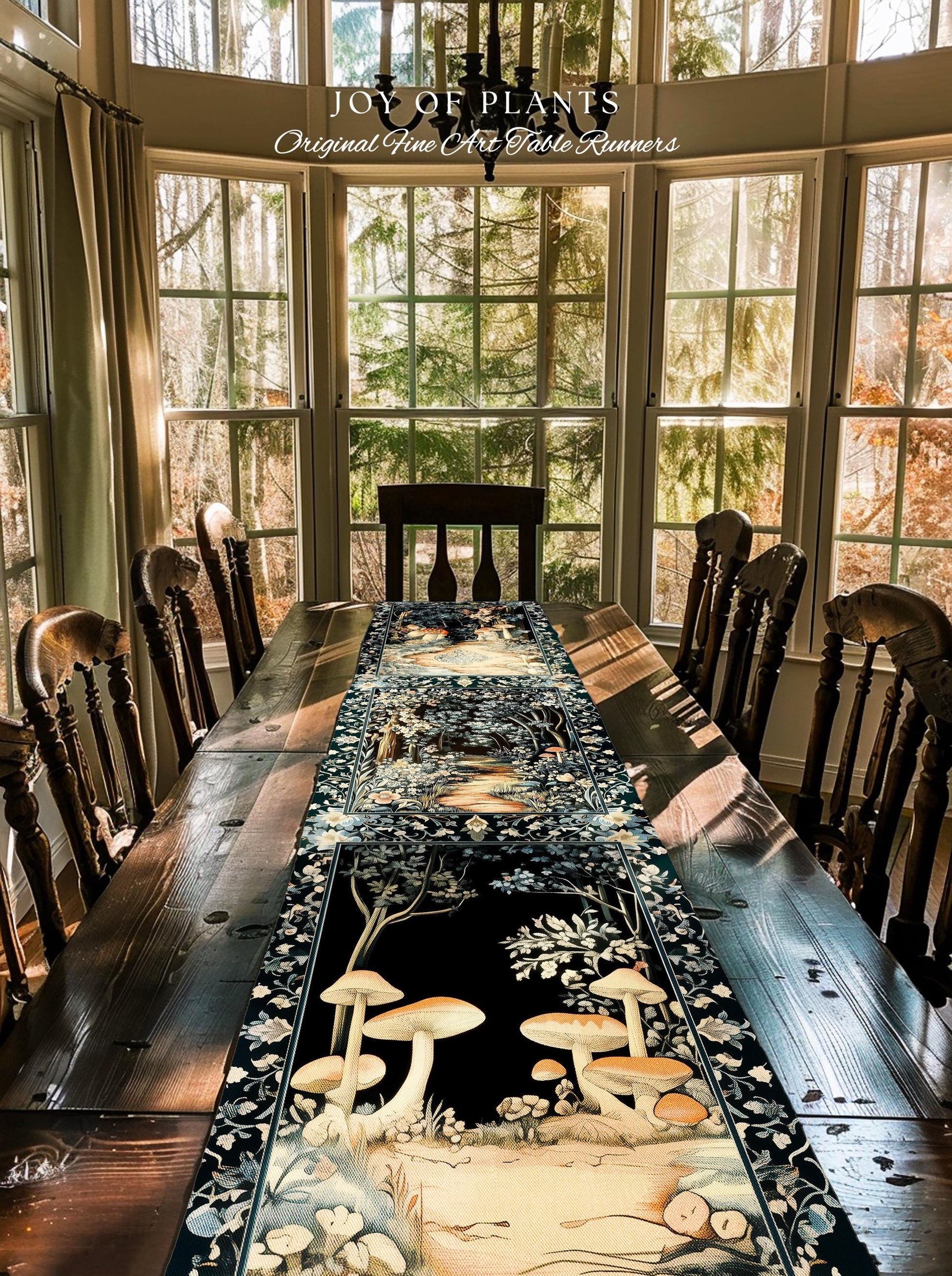 Dreamy Forest Landscape Botanical Table Runner | Misty Forest Dark Cottagecore Aesthetic Fairycore Dining Room Table Magical Jungle Decor