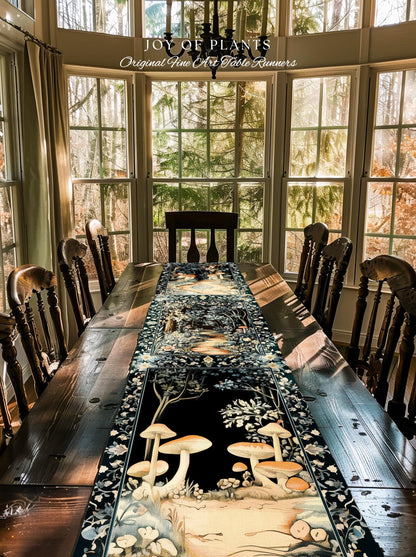 Dreamy Forest Landscape Botanical Table Runner | Misty Forest Dark Cottagecore Aesthetic Fairycore Dining Room Table Magical Jungle Decor