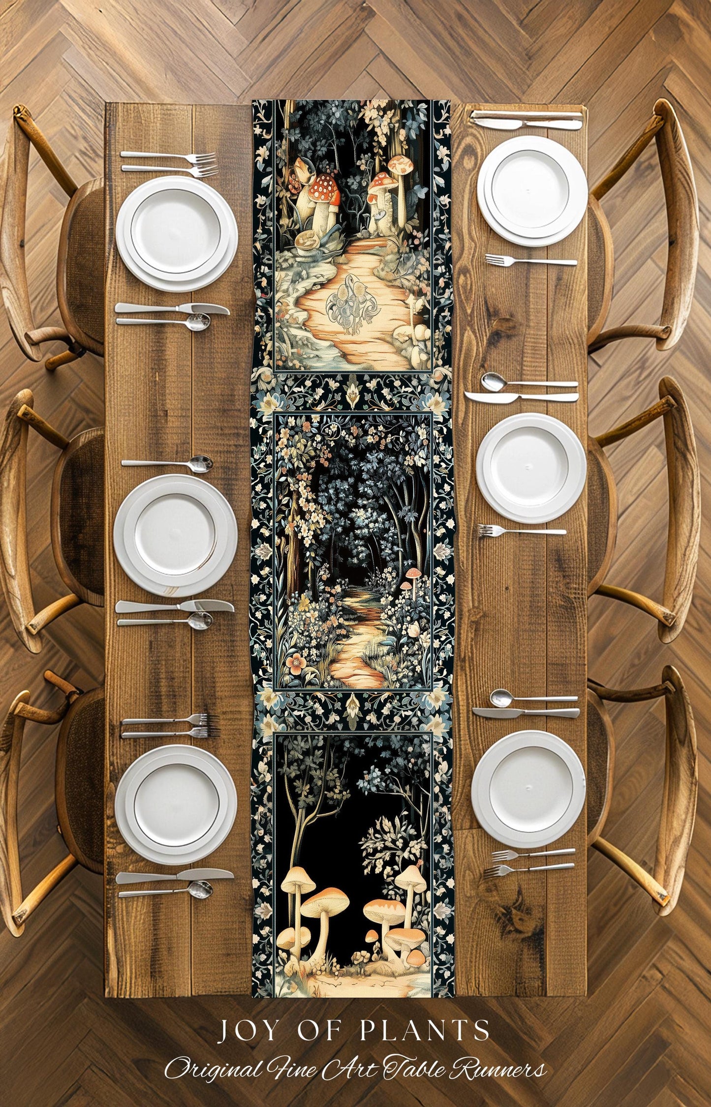 Dreamy Forest Landscape Botanical Table Runner | Misty Forest Dark Cottagecore Aesthetic Fairycore Dining Room Table Magical Jungle Decor