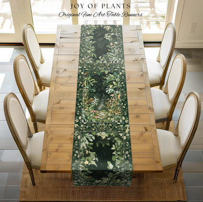 Soft Green Woodland Area Table Runner | Fairycore Woodland Nature Lover Dining Room Table Decor Cozy Earthy Jungle Whimsical Aesthetic Style