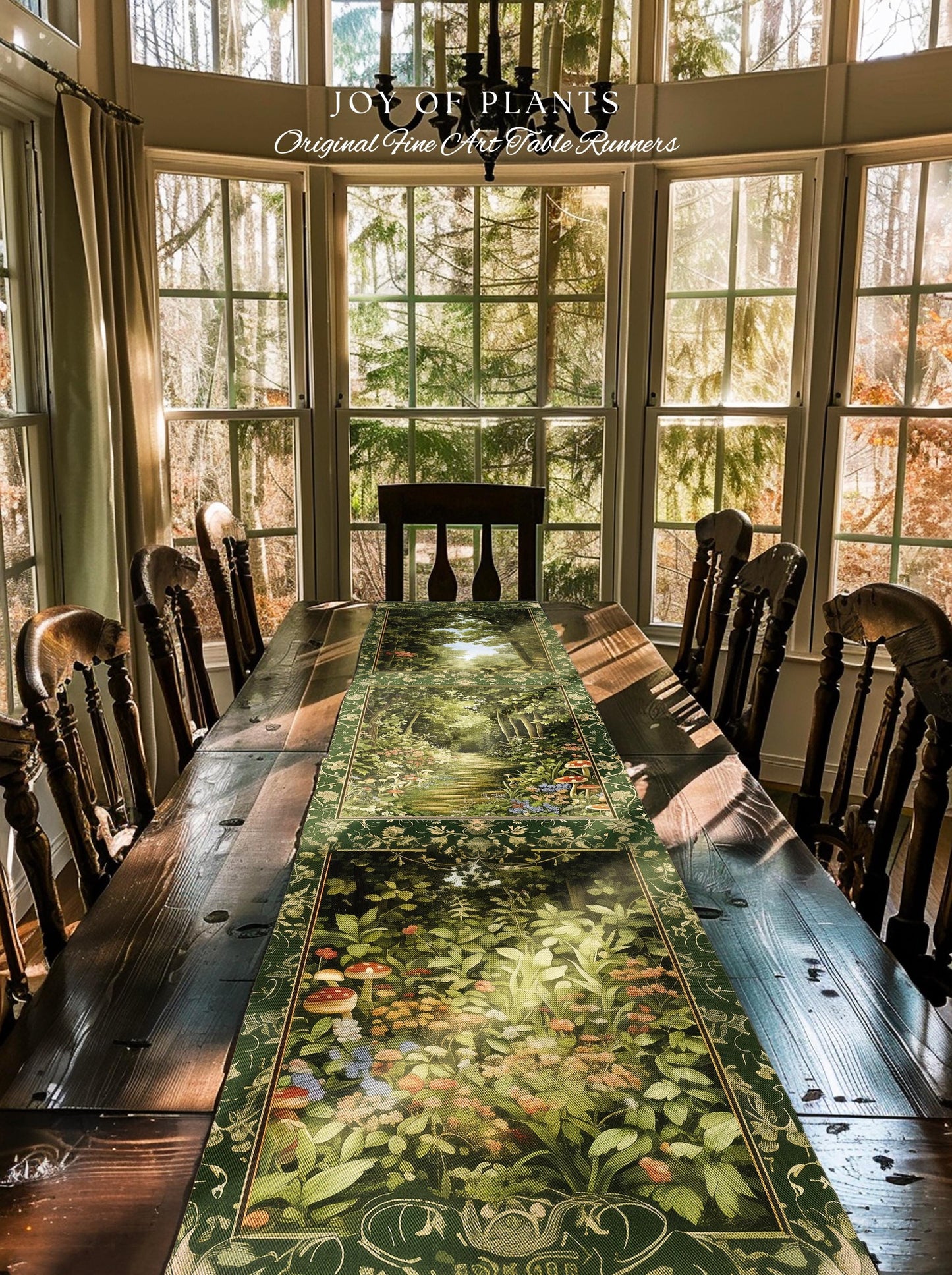 Natural Plants Ethereal Folklore Table Runner | Woodland Fairy Inspired Nature Lover Dining Room Cozy Earthy Aesthetic Mystical Floral Style