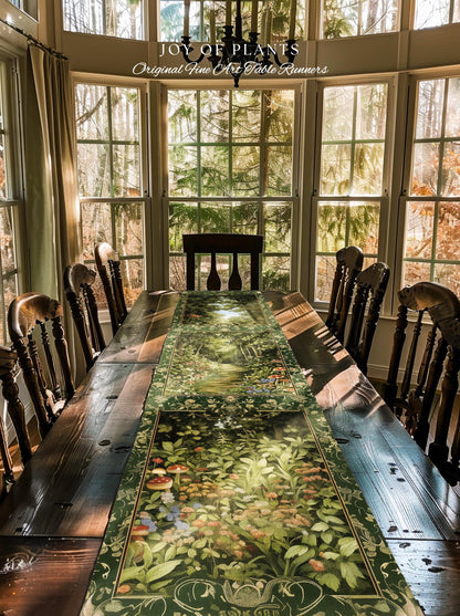 Natural Plants Ethereal Folklore Table Runner | Woodland Fairy Inspired Nature Lover Dining Room Cozy Earthy Aesthetic Mystical Floral Style