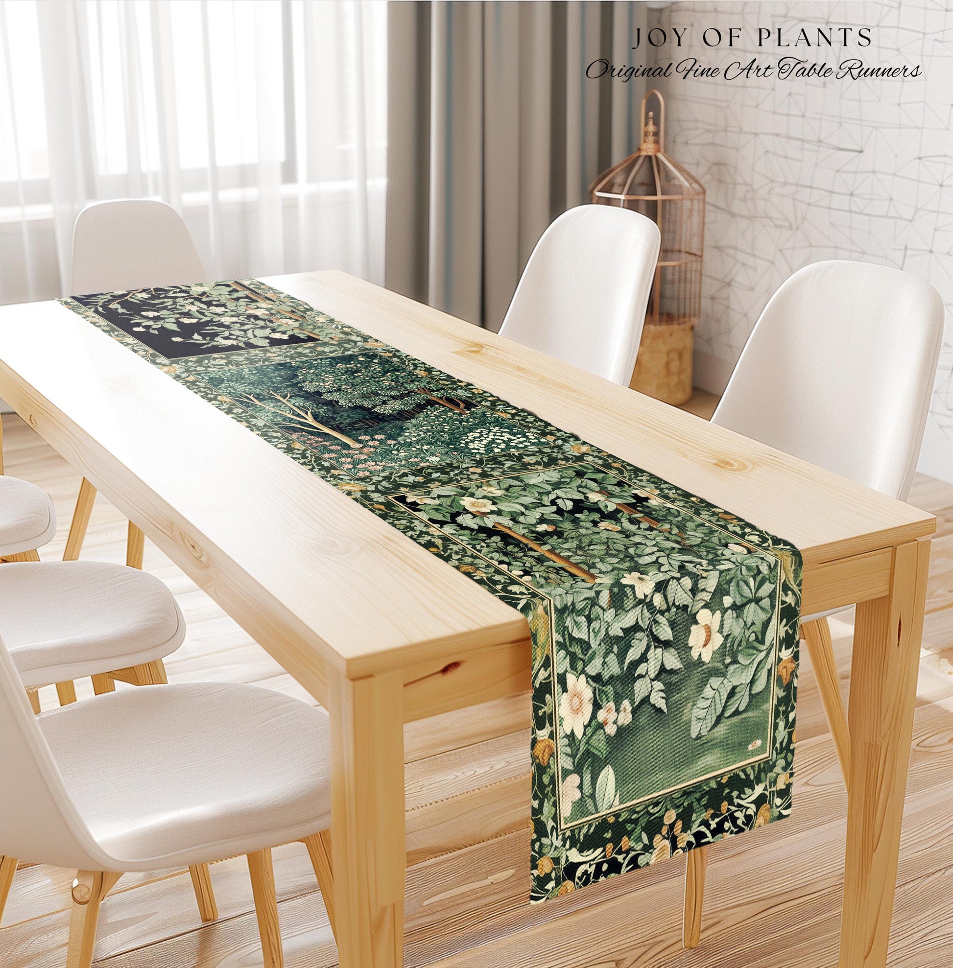 Medieval Forest Botanical Accent Table Runner | Woodland Botanical Emerald Green Vintage Aesthetic Mystic Dining Room Decorations Magical |